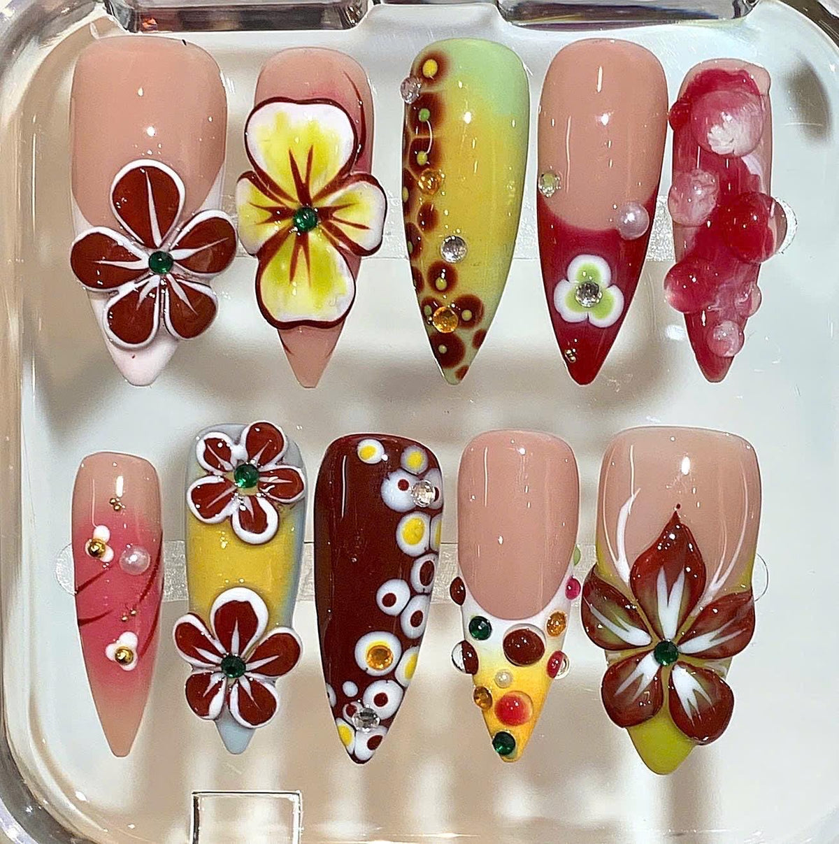 Retro Floral Press On Nails – Tropical 3D Summer Nail Set