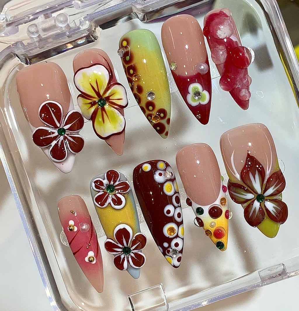 Retro Floral Press On Nails – Tropical 3D Summer Nail Set