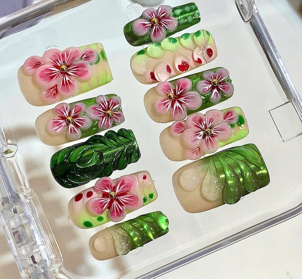 3D Floral Press On Nails – Green Pink Tropical Nail Set
