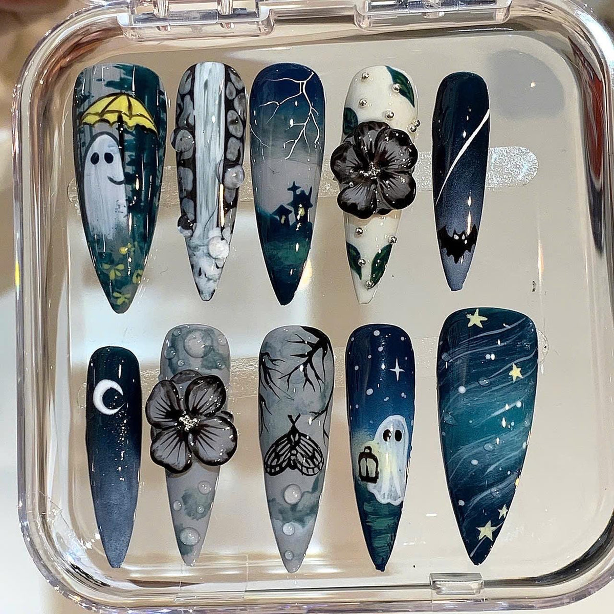 Moonlight Ghost Press On Nails: Hand-Painted Gothic Nail Art Set