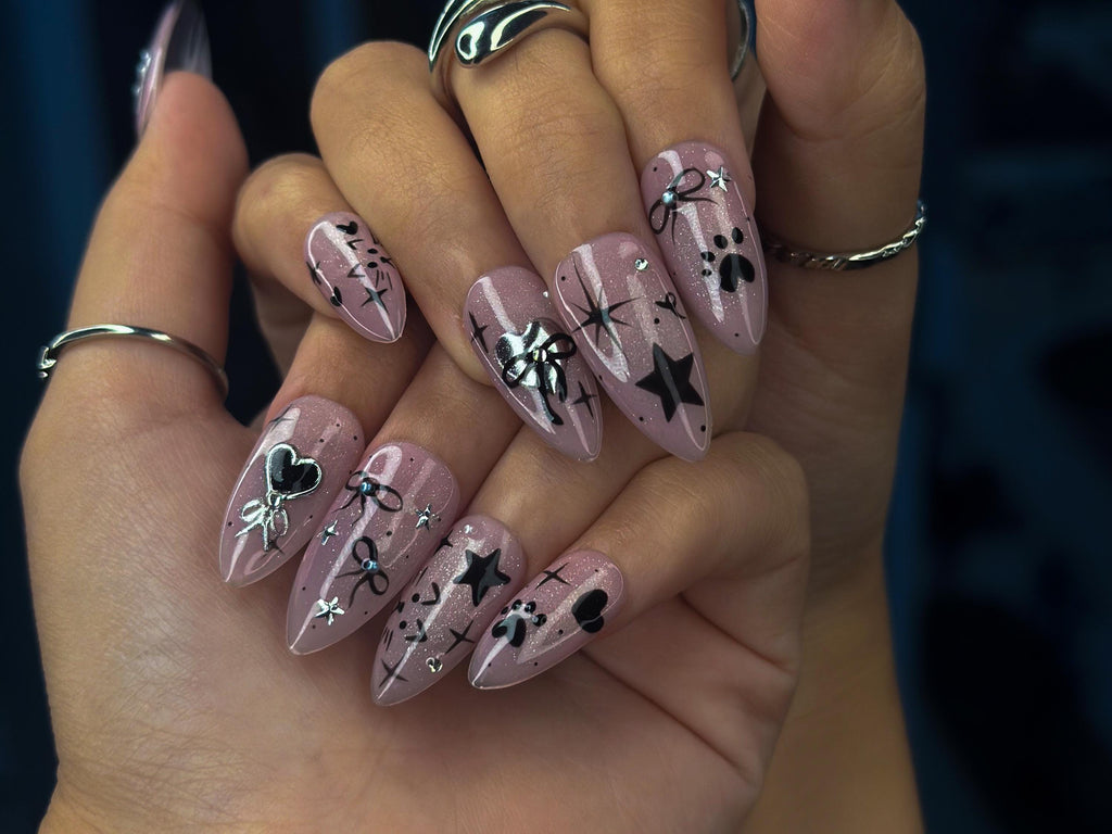 Mystic Winter Cat Press On Nails | Holiday Chrome Pink Nails | Cute Bow & Stars Nail Art | Christmas Gift for Her | JB1182BC