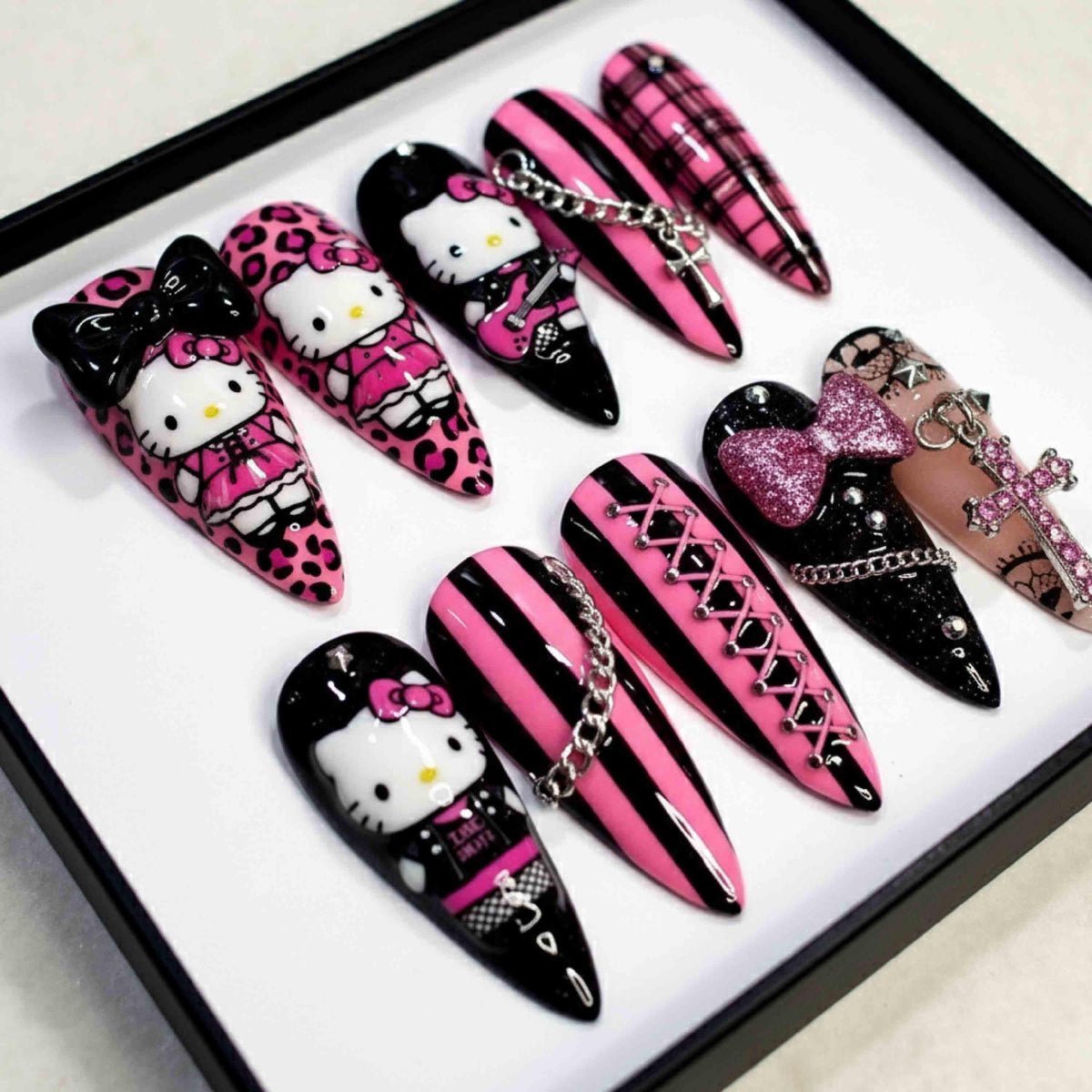 Handmade Hello Kitty Punk Press On Nails | Chains, Cross Charms, Leopard & Striped Pink-Black Design | Stiletto Nails For Edgy Glam Vibes
