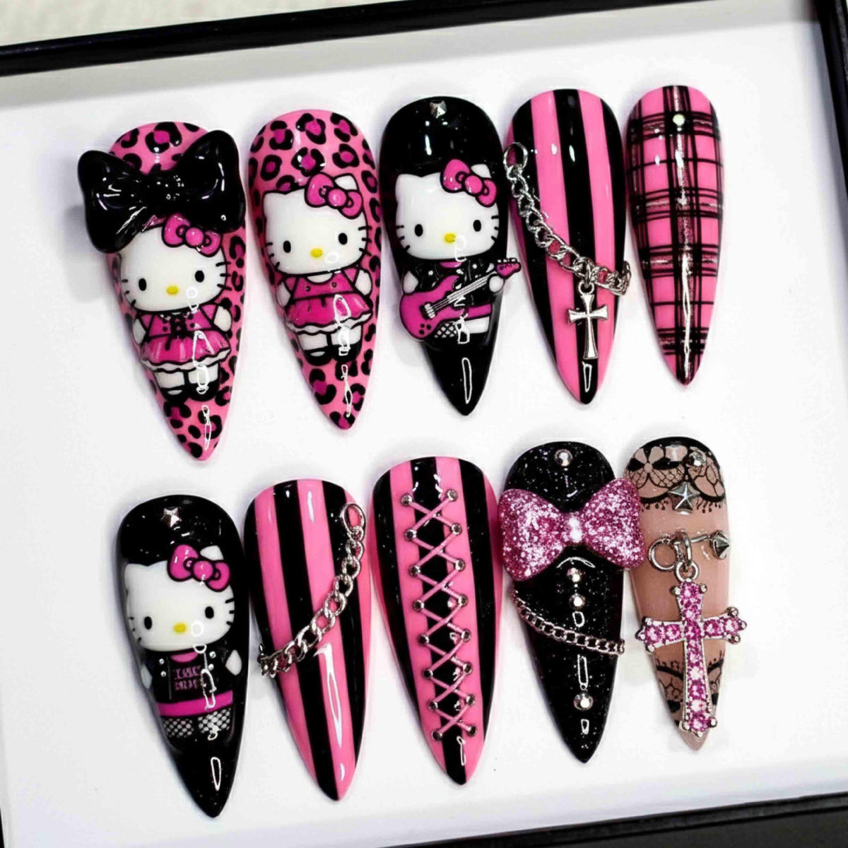 Handmade Hello Kitty Punk Press On Nails | Chains, Cross Charms, Leopard & Striped Pink-Black Design | Stiletto Nails For Edgy Glam Vibes