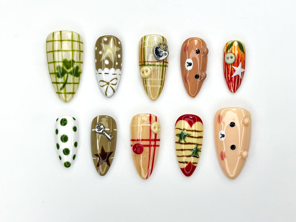 Autumn Picnic Bear Press On Nails | Plaid Forest Nail Art | Olive Green & Caramel Tones | Cozy Fall Bear Nails | JB1169BK