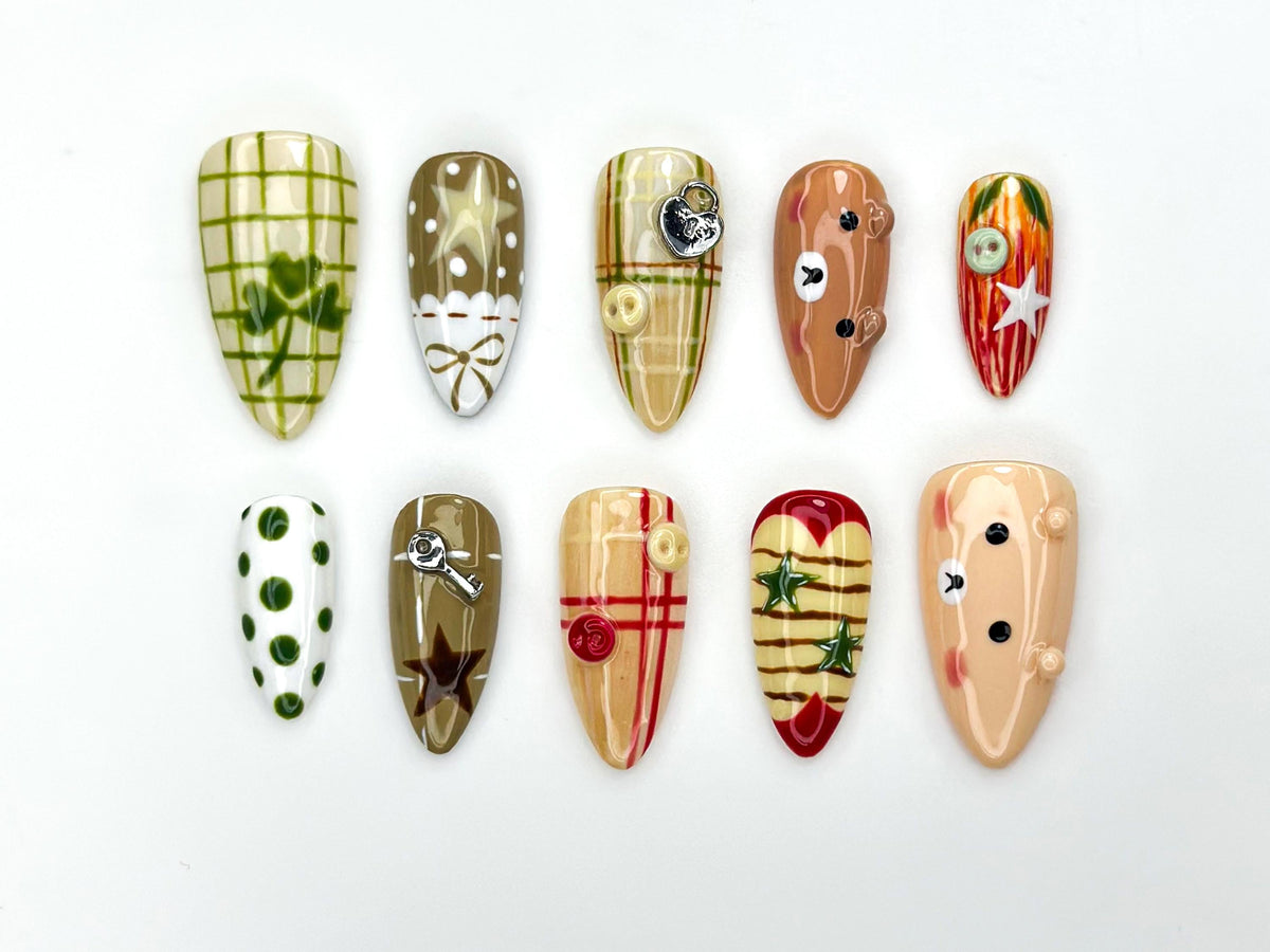 Autumn Picnic Bear Press On Nails | Plaid Forest Nail Art | Olive Green & Caramel Tones | Cozy Fall Bear Nails | JB1169BK