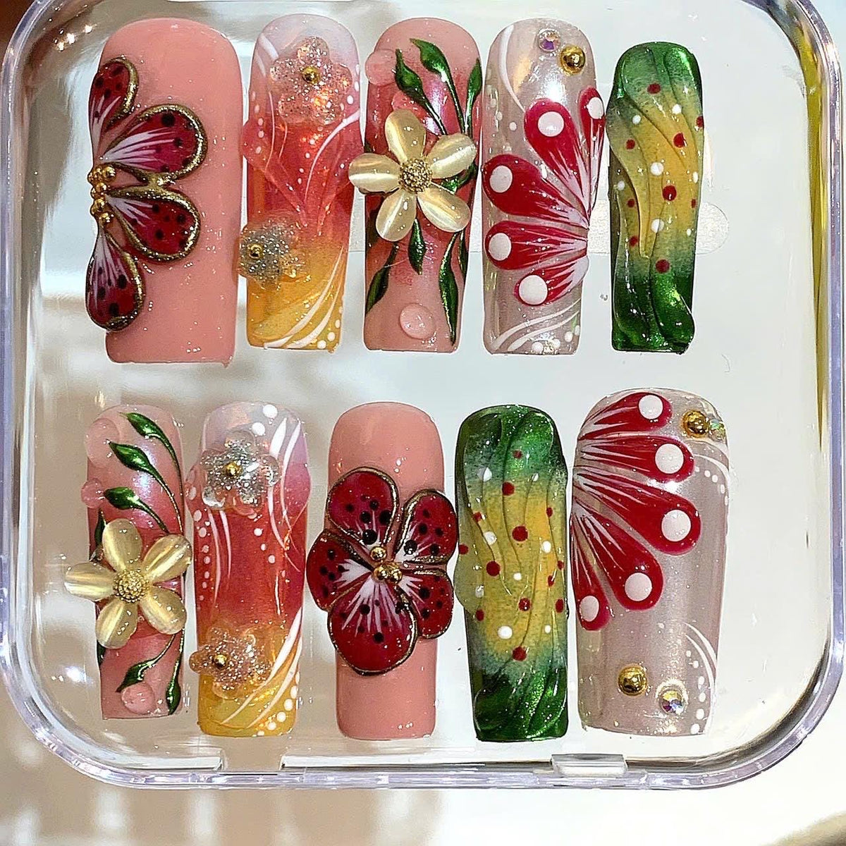3D Tropical Flower Press On Nails – Bright Summer Nail Set