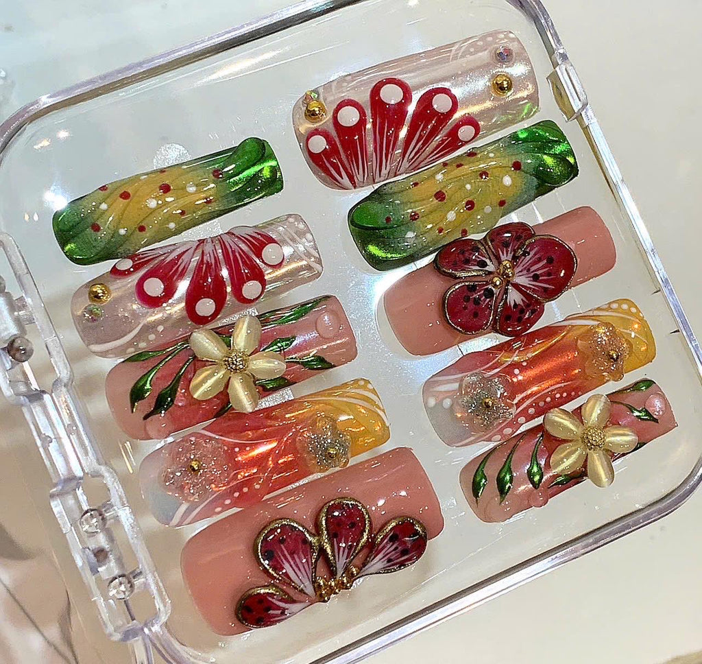 3D Tropical Flower Press On Nails – Bright Summer Nail Set