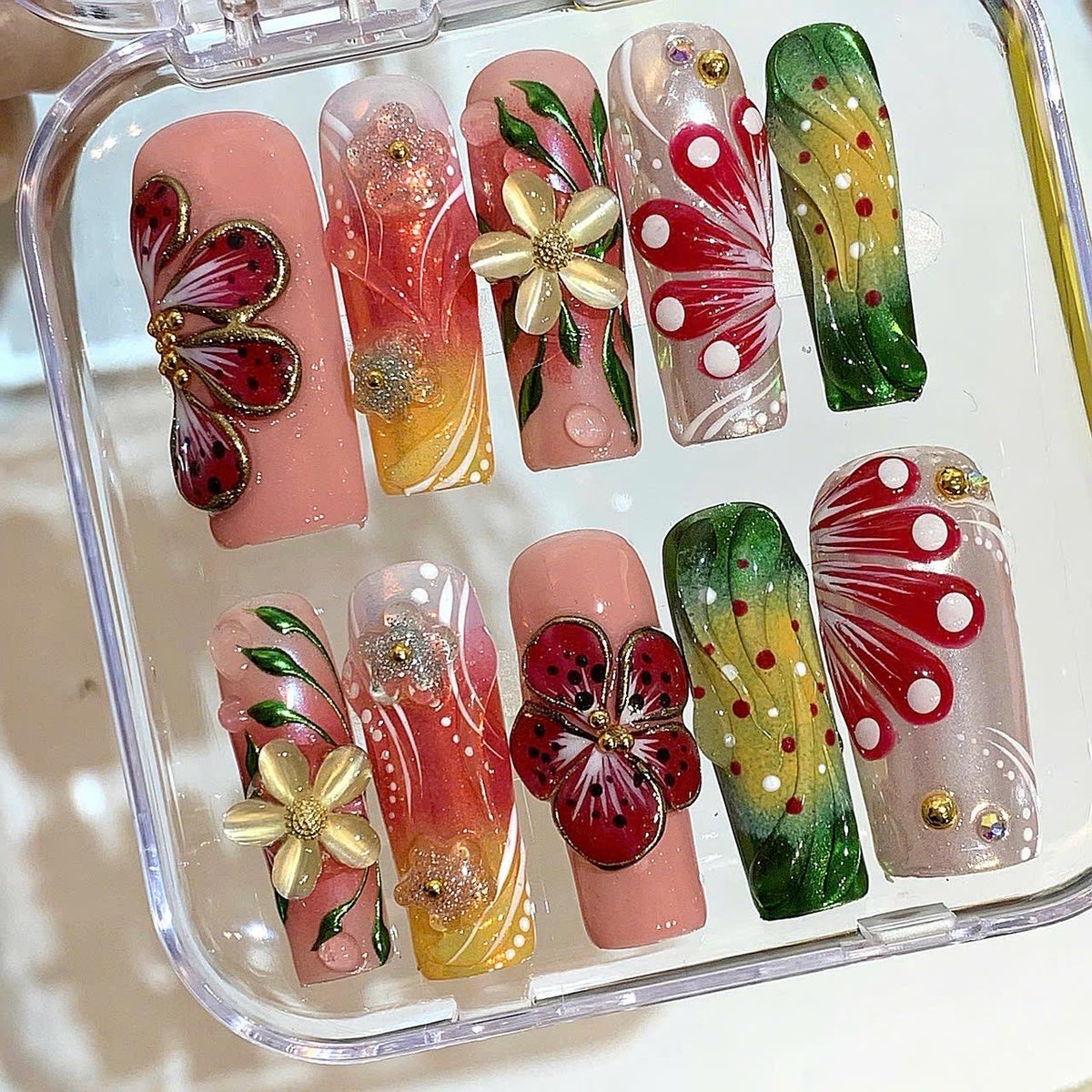 3D Tropical Flower Press On Nails – Bright Summer Nail Set