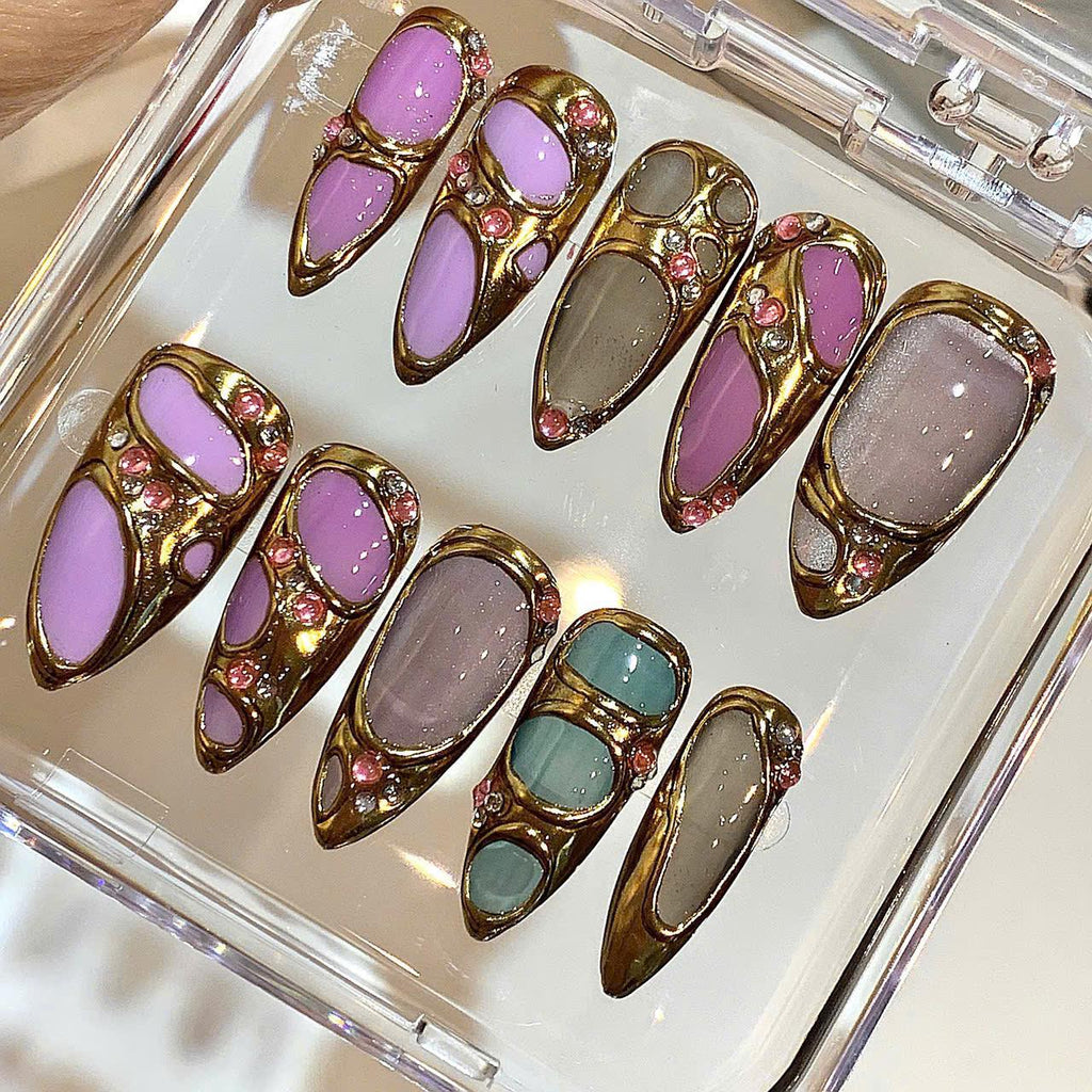 Handmade Gold Frame Press On Nails | Pastel Gel with Rhinestones