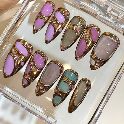 Handmade Gold Frame Press On Nails | Pastel Gel with Rhinestones
