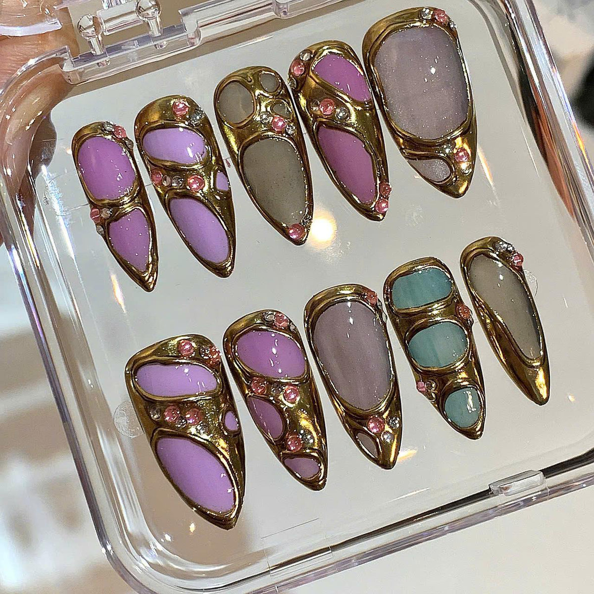 Handmade Gold Frame Press On Nails | Pastel Gel with Rhinestones