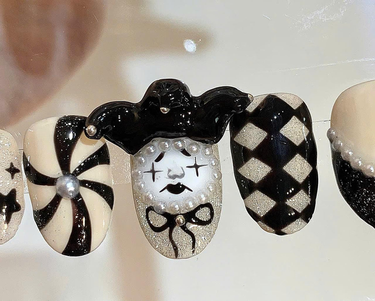 Gothic Harlequin Press On Nails: Black and White Clown Nail Art