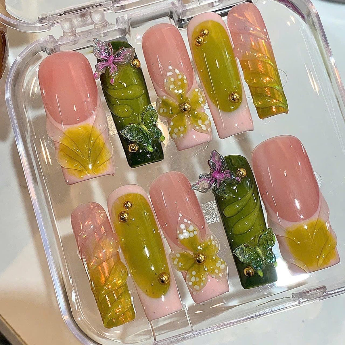 3D Green Yellow Floral Press On Nails – Elegant Spring Nail Set