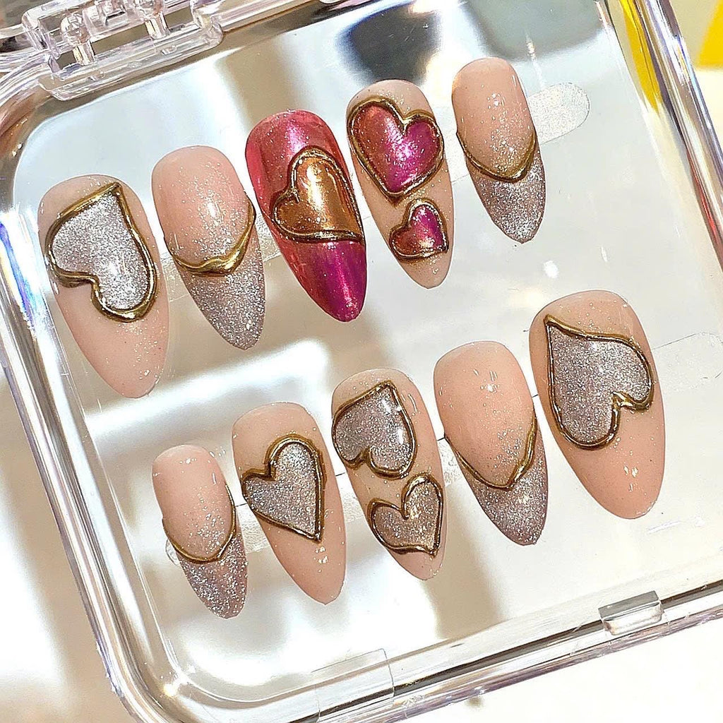 Gold Heart Press On Nails: Silver Glitter Valentine Nail Art Set
