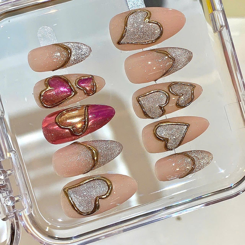 Gold Heart Press On Nails: Silver Glitter Valentine Nail Art Set
