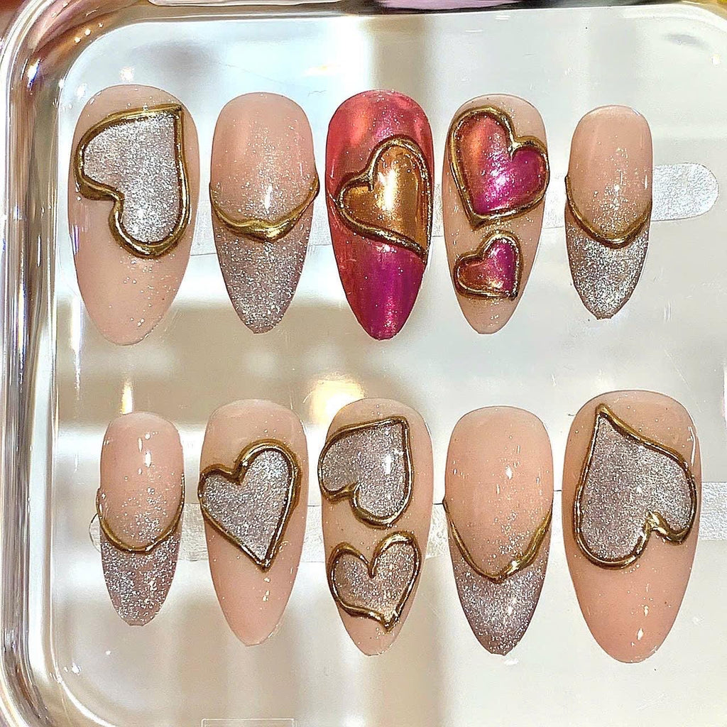 Gold Heart Press On Nails: Silver Glitter Valentine Nail Art Set