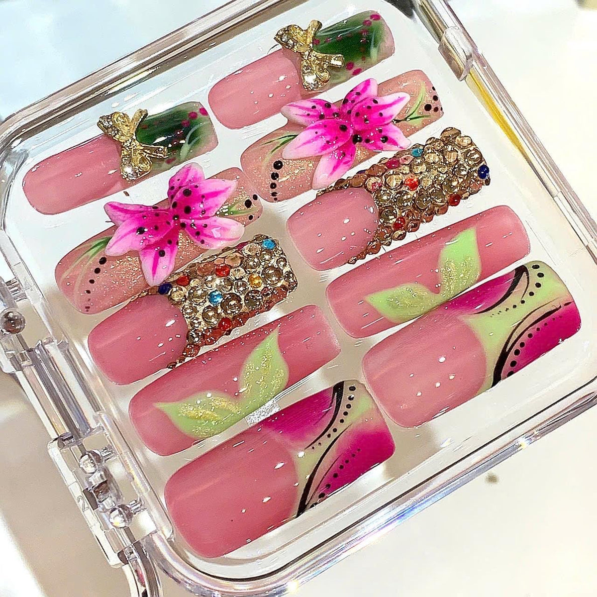 Pink Floral Rhinestone Press On Nails: 3D Flower Bow Nail Art