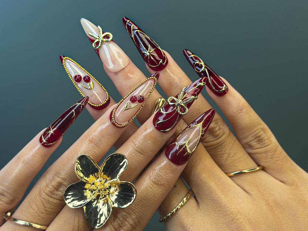 Wine Red Fall Press On Nails | Burgundy & Gold Nail Art | Autumn Holiday Nails | Handmade Glam Nail Set | Elegant Long Nails | JC1137BC