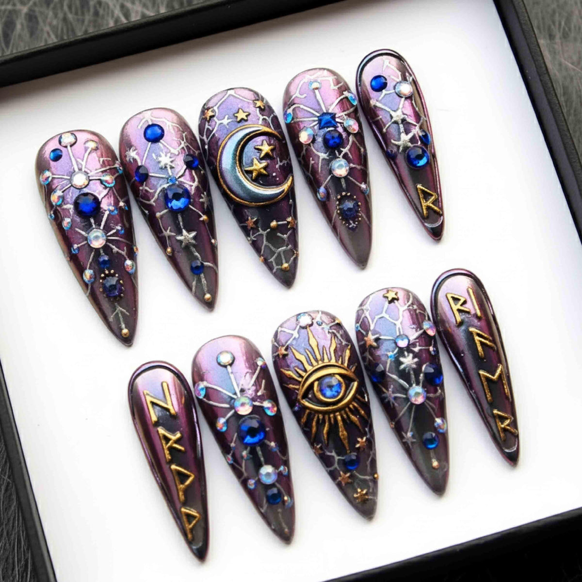Handmade Celestial Witchy Press On Nails | Mystic Eye, Moon, Stars & Runes | Stiletto Shape Nails For Gothic Vibe