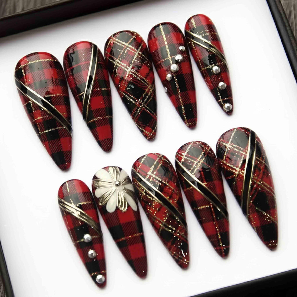 Handmade Festive Plaid Press On Nails | Red Tartan, Gold Glitter & Flower Accent | Stiletto Shape Nails For Christmas Holiday