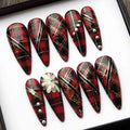 Handmade Festive Plaid Press On Nails | Red Tartan, Gold Glitter & Flower Accent | Stiletto Shape Nails For Christmas Holiday