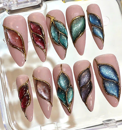 Metallic Leaf Press On Nails – Elegant Nude Gold Design