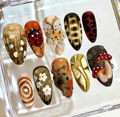 3D Frog Ladybug Daisy Press On Nails - Garden Nail Art Set