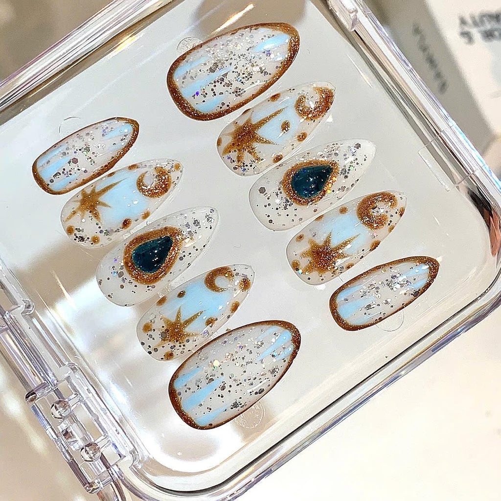 Celestial Press On Nails: Gold Glitter Galaxy Nail Art Set