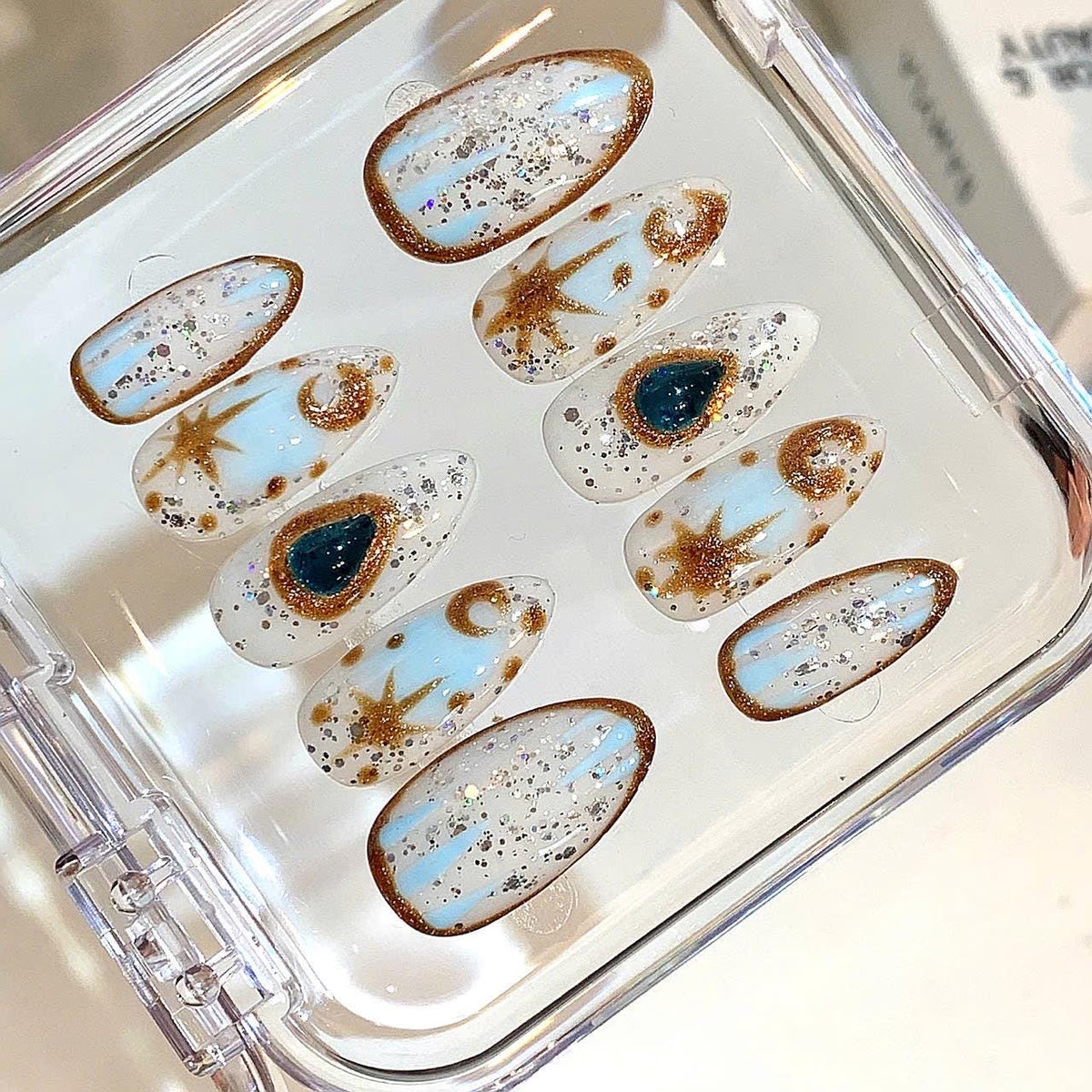Celestial Press On Nails: Gold Glitter Galaxy Nail Art Set
