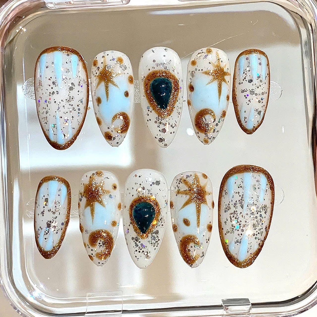 Celestial Press On Nails: Gold Glitter Galaxy Nail Art Set