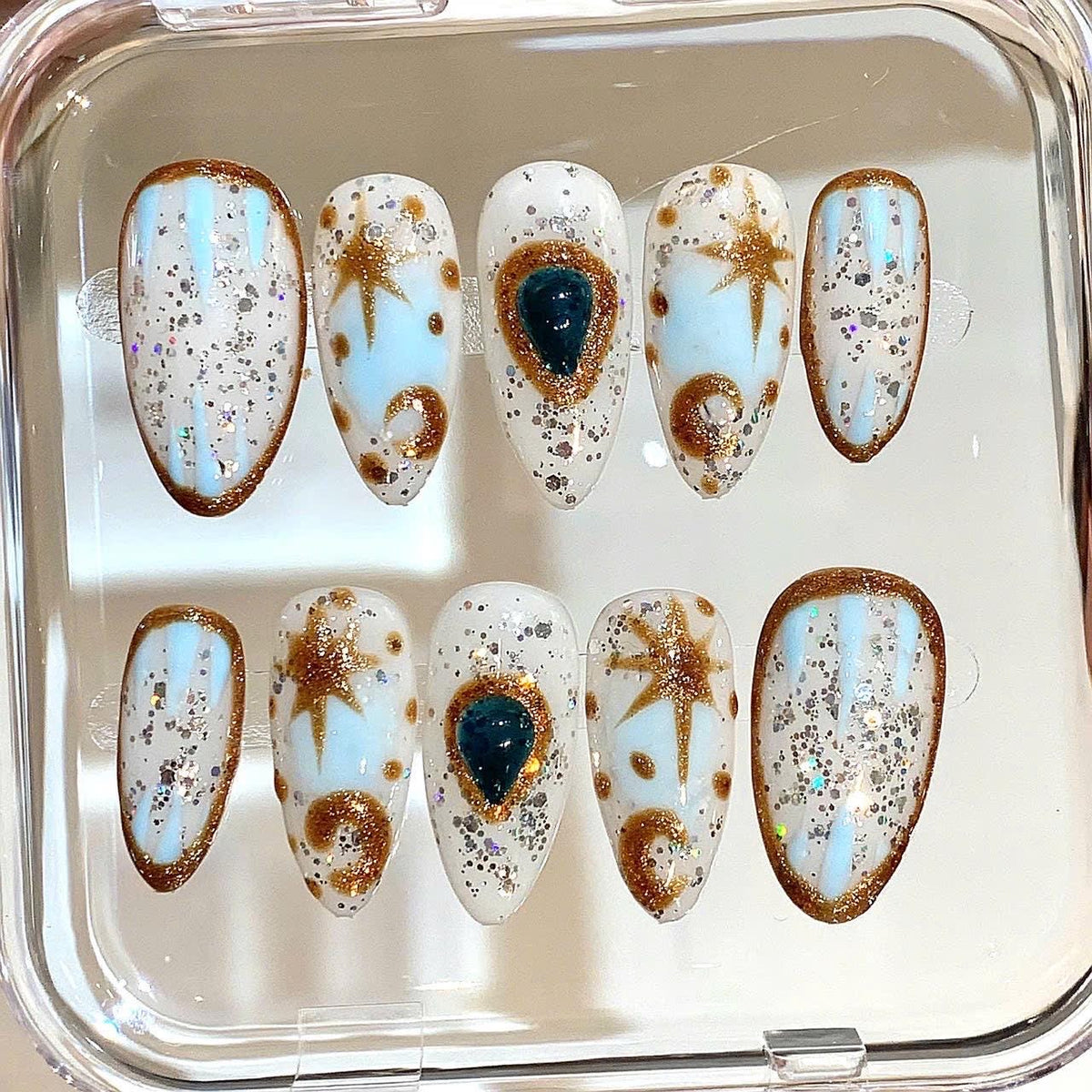 Celestial Press On Nails: Gold Glitter Galaxy Nail Art Set