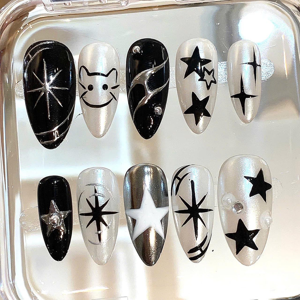 Black Silver Star Press On Nails: Y2K Cat Nail Art Set