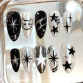 Black Silver Star Press On Nails: Y2K Cat Nail Art Set