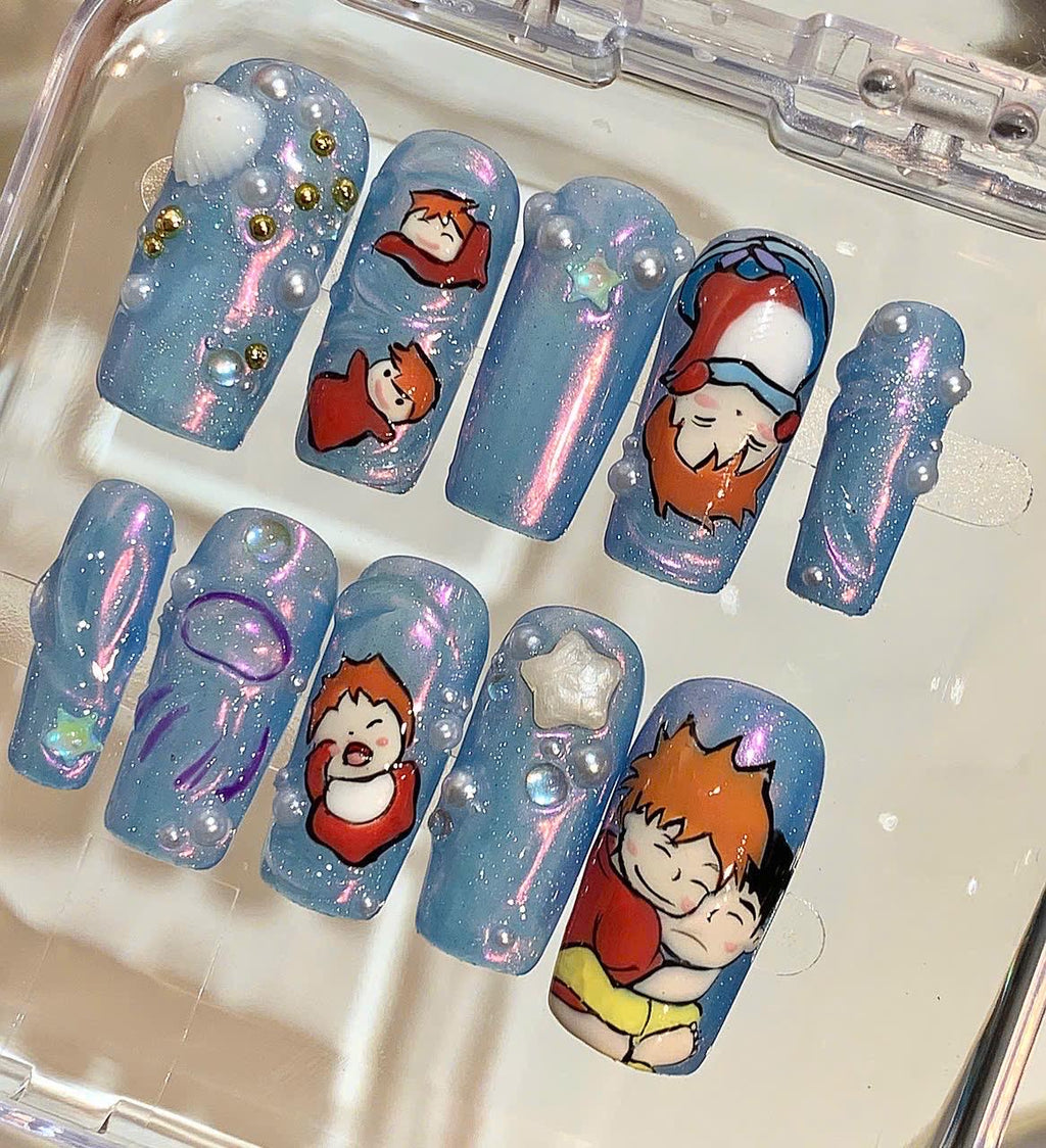 Anime Couple Press On Nails, Blue Galaxy, 3D Pearls & Stars