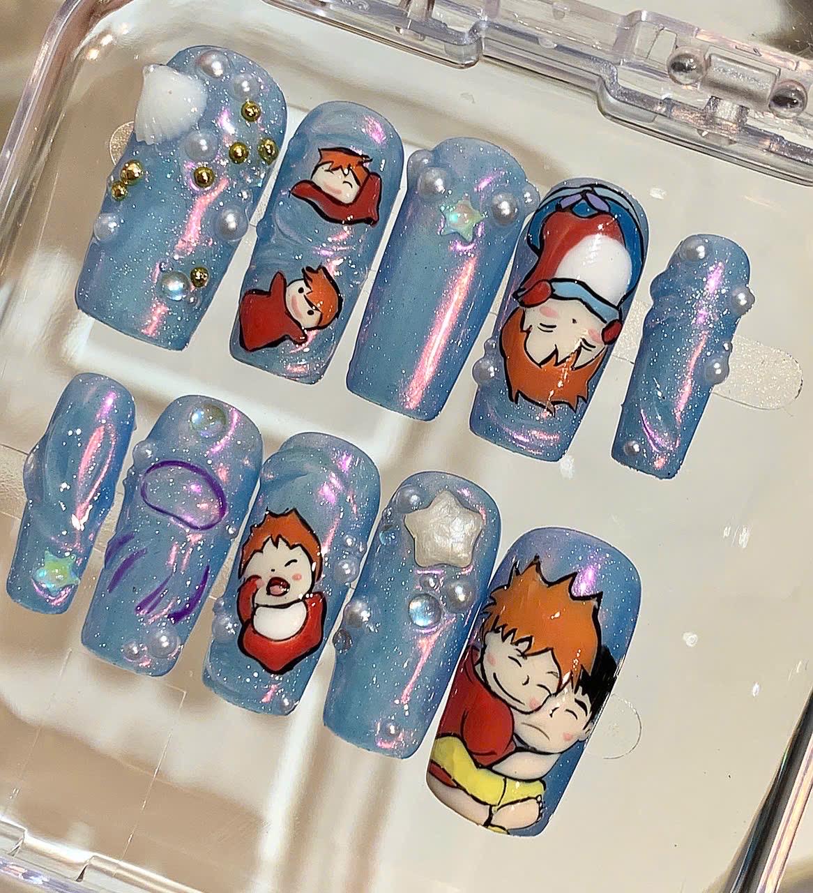 Anime Couple Press On Nails, Blue Galaxy, 3D Pearls & Stars