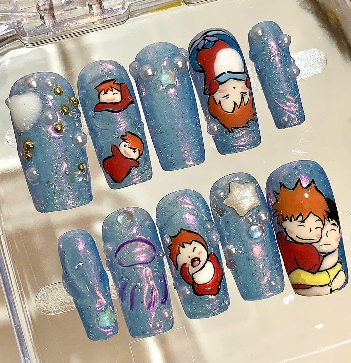 Anime Couple Press On Nails, Blue Galaxy, 3D Pearls & Stars