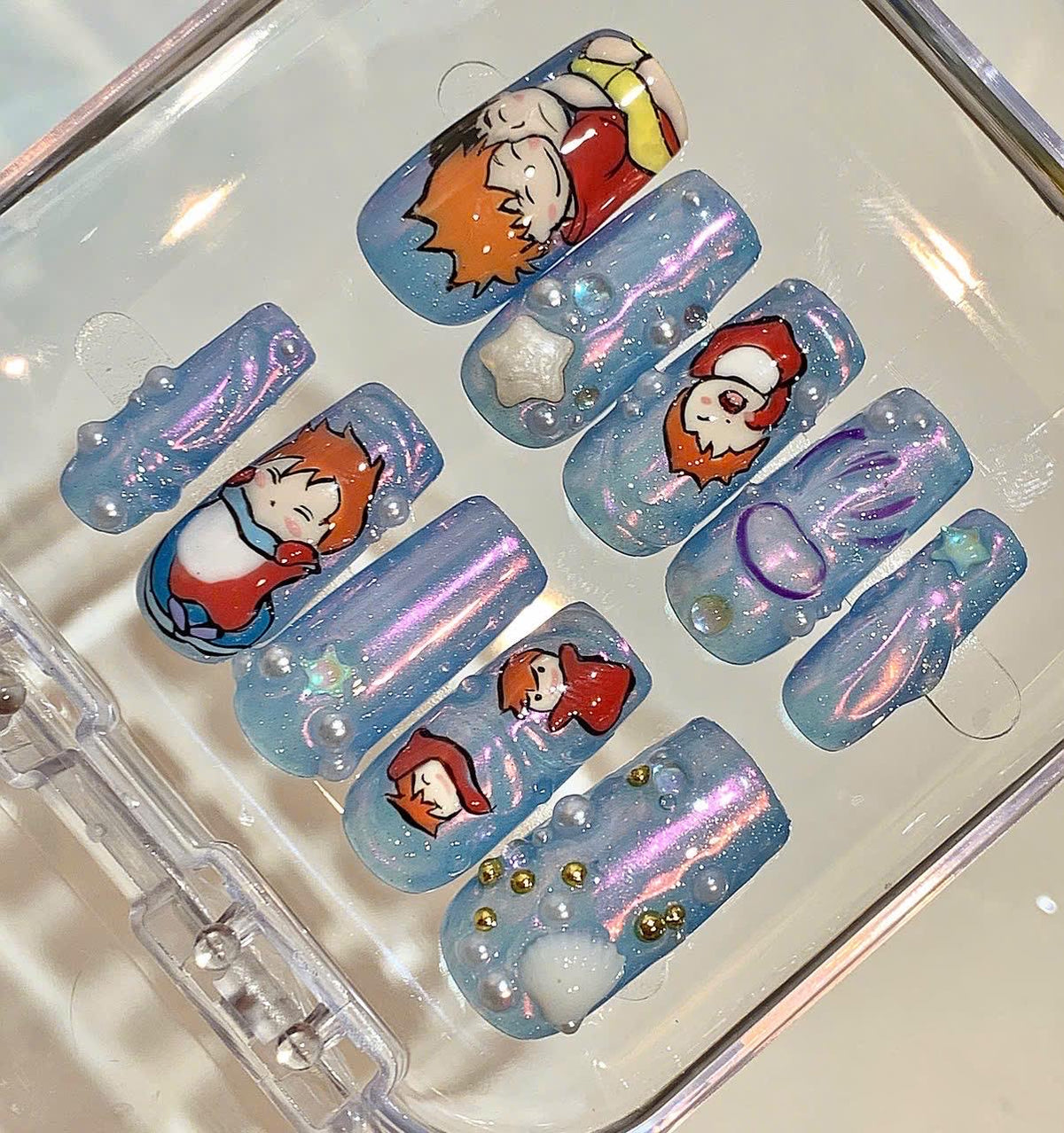 Anime Couple Press On Nails, Blue Galaxy, 3D Pearls & Stars