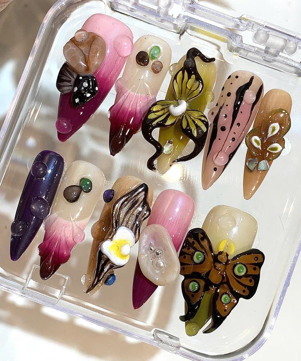 Fantasy Butterfly & Orchid 3D Nails – Unique Handmade Nature Nail Set
