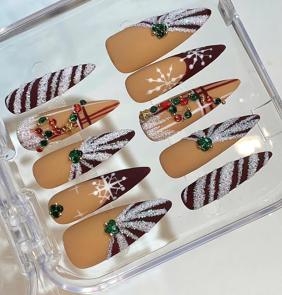 Brown Christmas Nails – Matte Snowflake Holiday Nail Set
