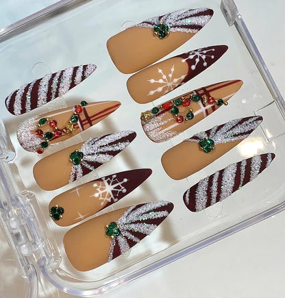 Brown Christmas Nails – Matte Snowflake Holiday Nail Set