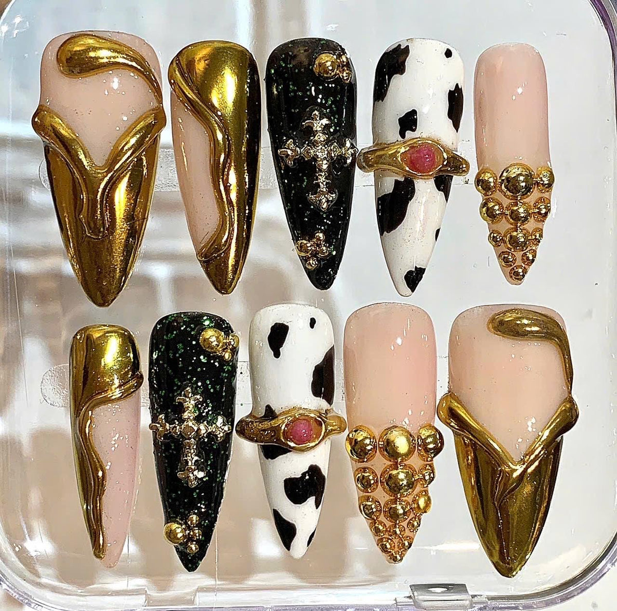 Luxury Gold Cow Print Nails – 3D Handmade Press On Nail Set