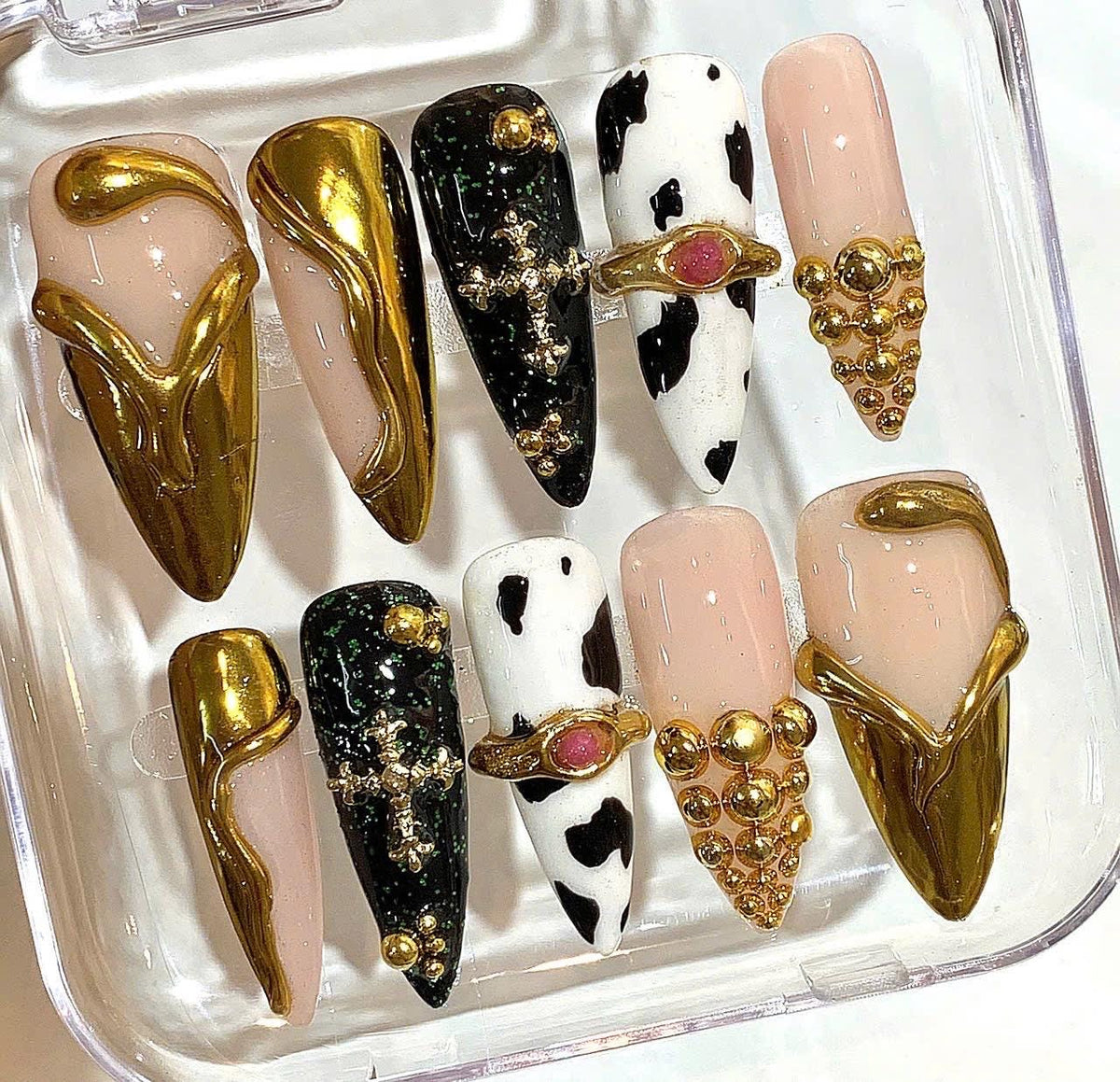 Luxury Gold Cow Print Nails – 3D Handmade Press On Nail Set