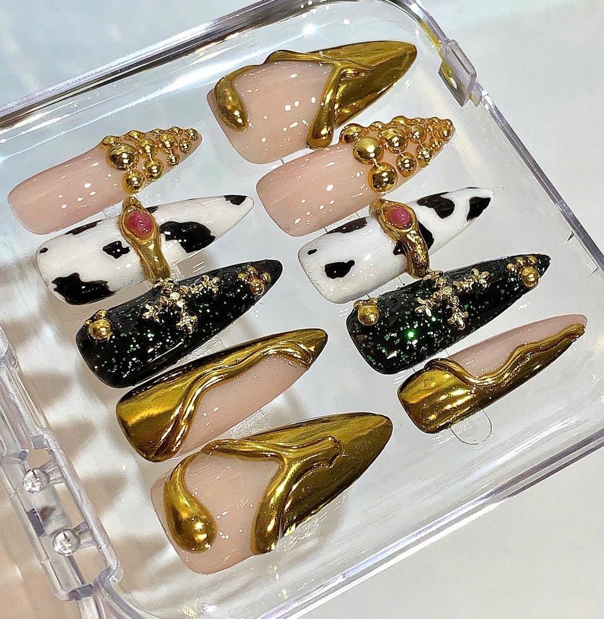 Luxury Gold Cow Print Nails – 3D Handmade Press On Nail Set