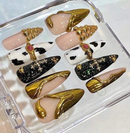 Luxury Gold Cow Print Nails – 3D Handmade Press On Nail Set