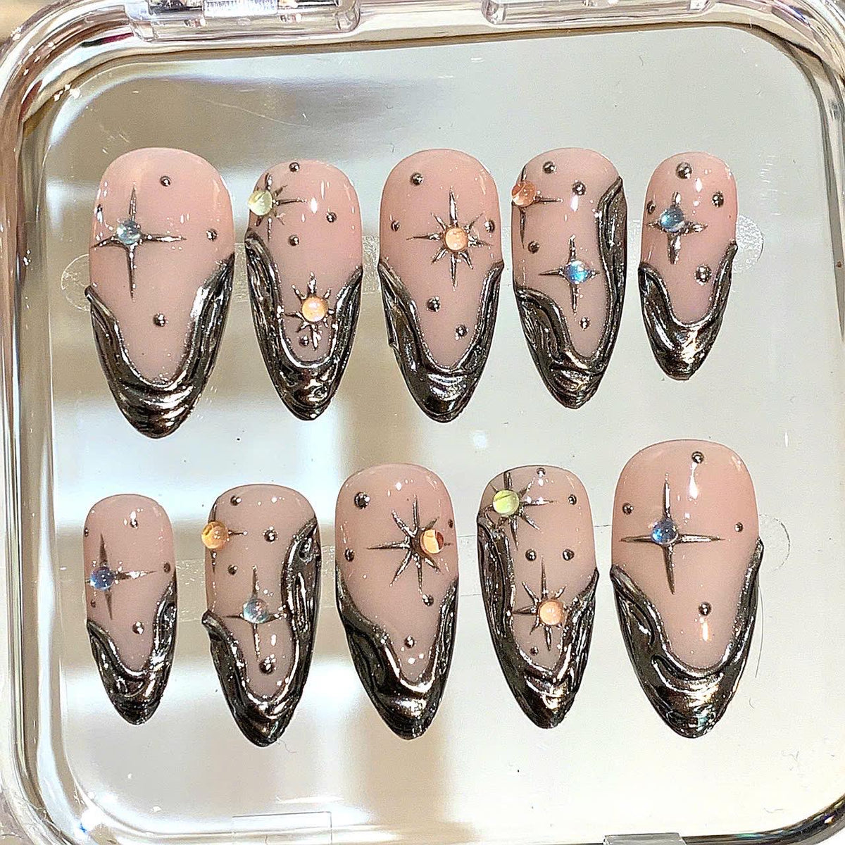 Chrome Star Press On Nails – Nude Silver Galaxy Nail Set