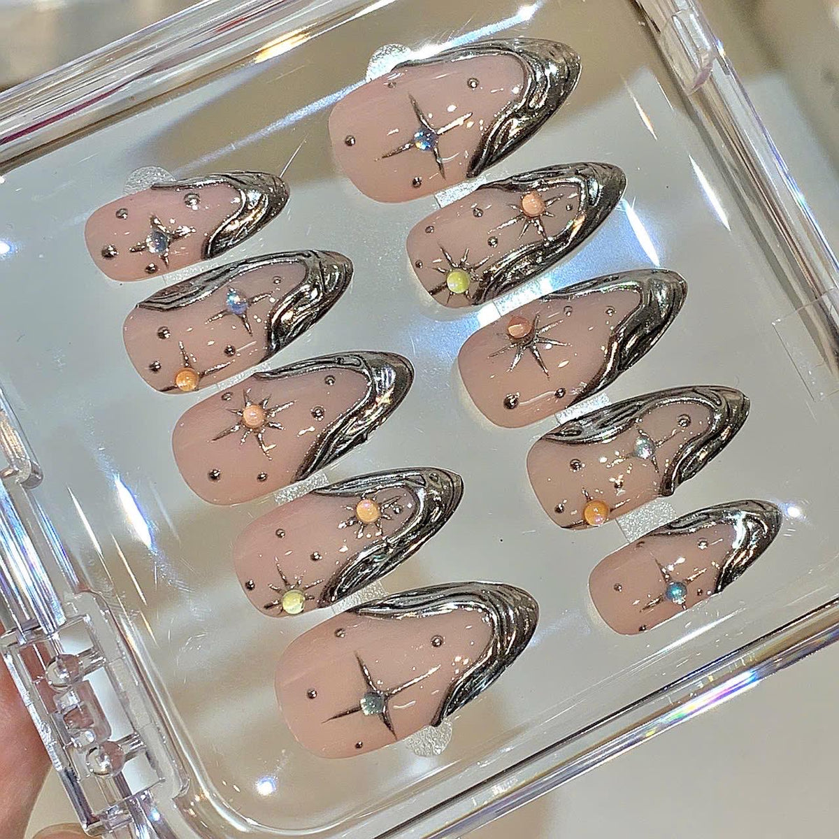 Chrome Star Press On Nails – Nude Silver Galaxy Nail Set