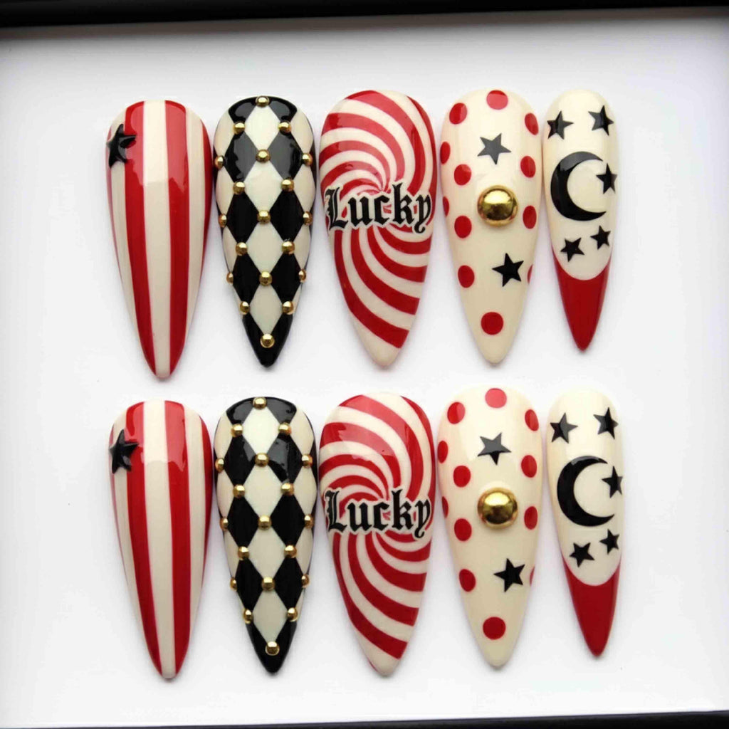 Handmade Circus Gothic Press On Nails | Red Stripes, Moon Stars & Lucky Spiral Design | Long Stiletto Nails For Bold Retro Vibes