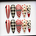 Handmade Circus Gothic Press On Nails | Red Stripes, Moon Stars & Lucky Spiral Design | Long Stiletto Nails For Bold Retro Vibes