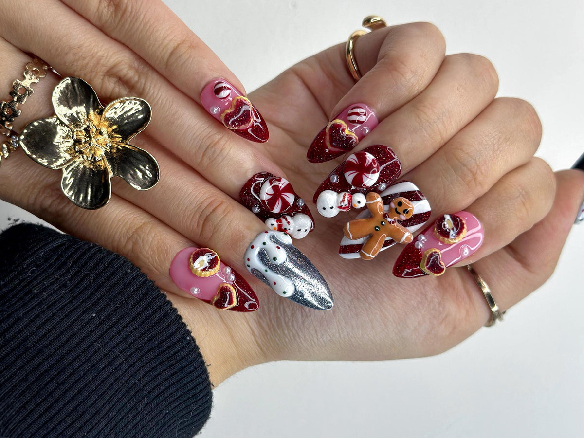 Gingerbread Red Christmas Press On Nails | 3D Christmas Cookie Nail | Peppermint & Snowman Holiday Nails| Red Glitter Festive Nails |JB216HC