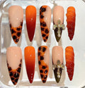 Orange Leopard Press On Nails with Cross Charm – Luxury Handmade Nail Set